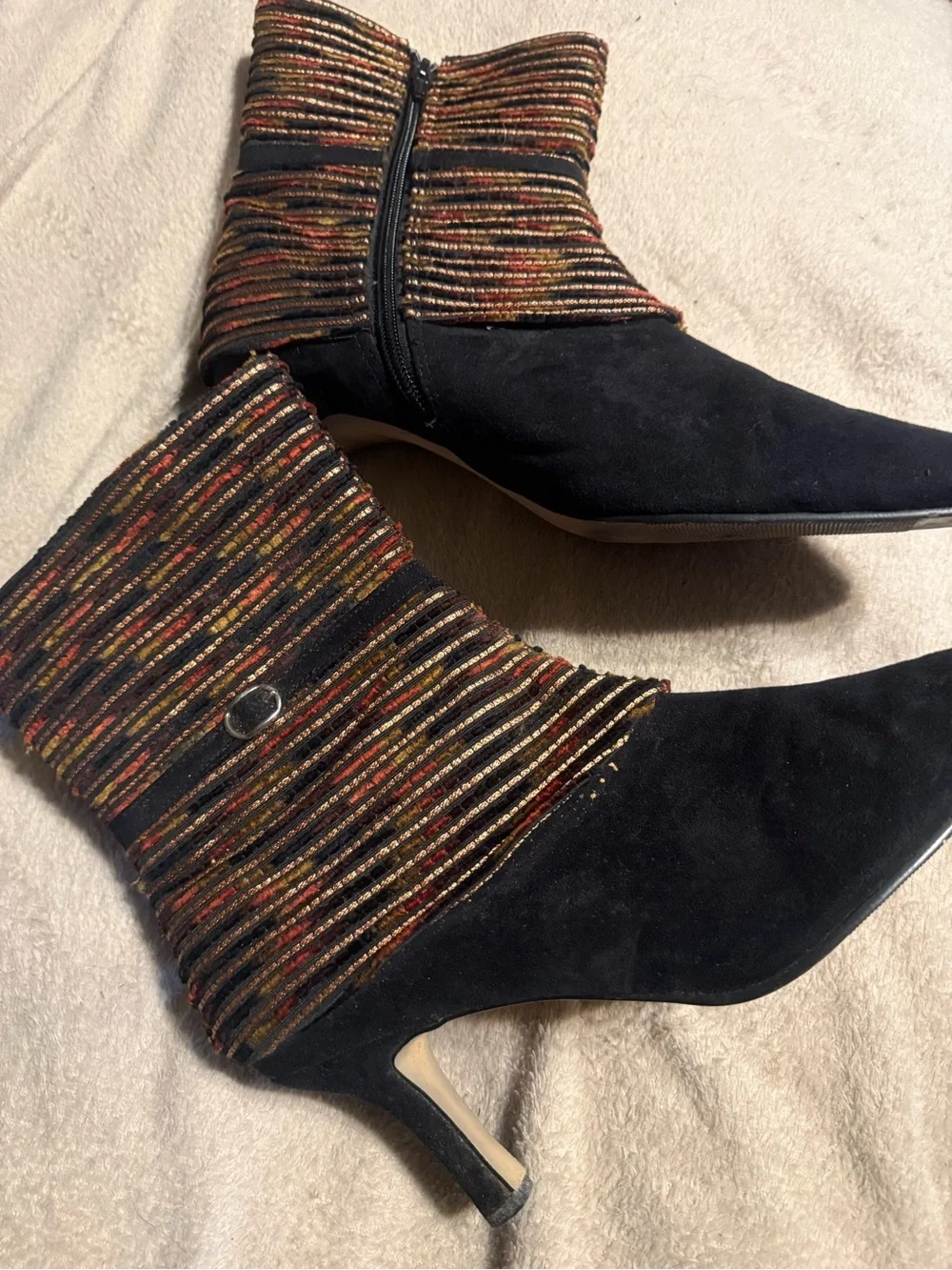 Annie Black Suede Ankle Booties with Metallic Multicolor Knit Cuffs